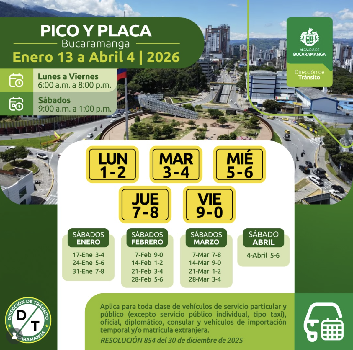 Calendario oficial Pico y Placa Bucaramanga 2026