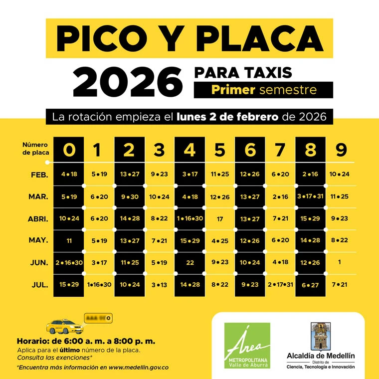 Calendario Taxis Medellín Primer Semestre 2026